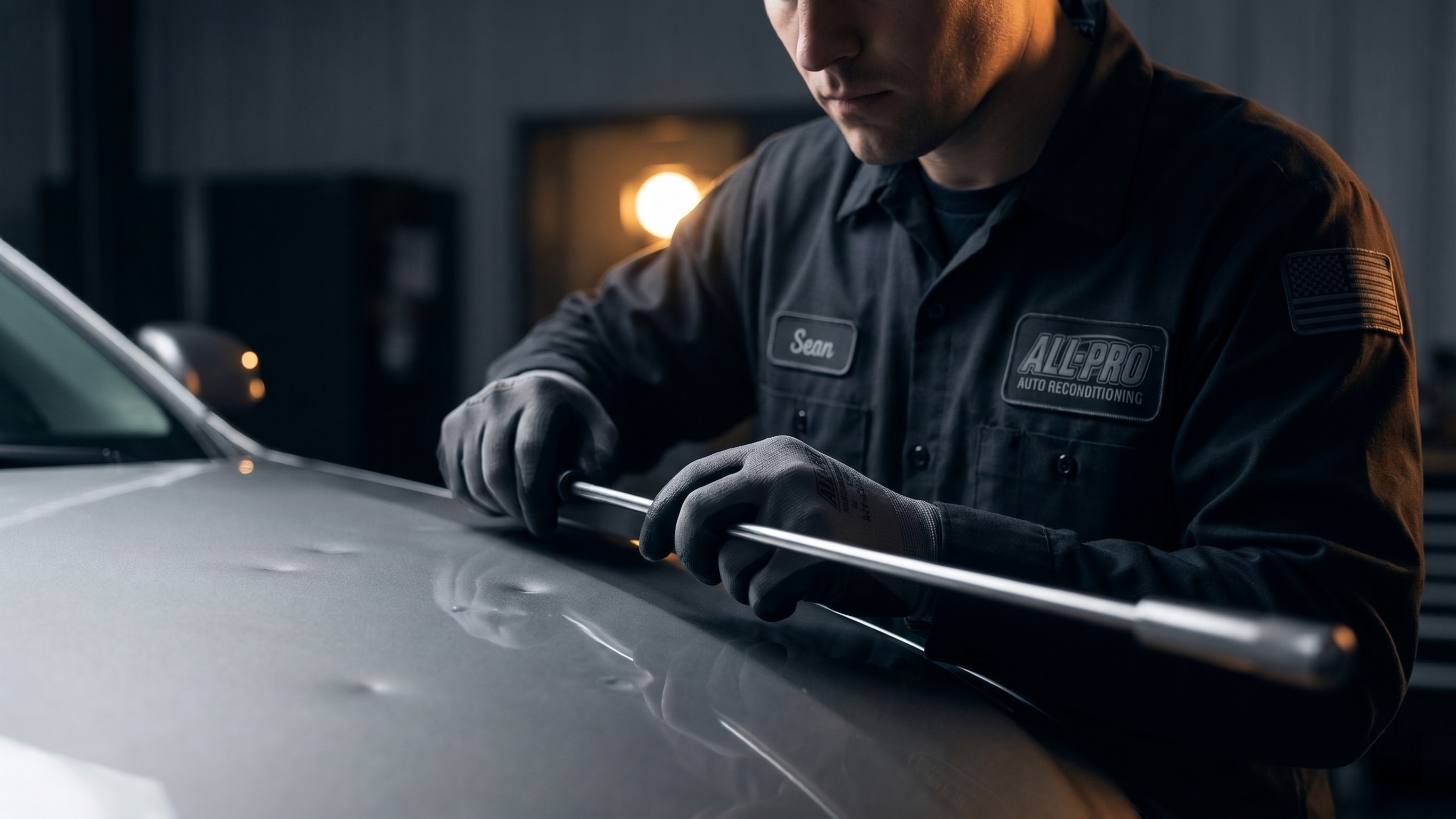 APAR technician performing paintless dent repair on a hail-damaged vehicle panel
