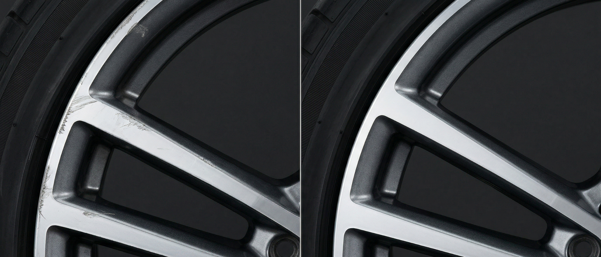 Alloy wheel before and after repair by APAR technician